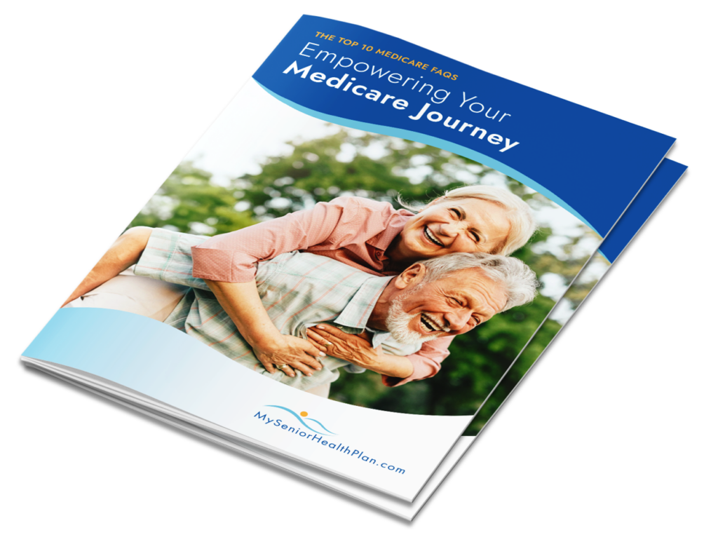 Front cover of the eBook titled "The Top 10 Medicare FAQs: Empowering Your Medicare Journey" featuring a happy senior couple enjoying the outdoors, symbolizing confidence and well-being in navigating Medicare.