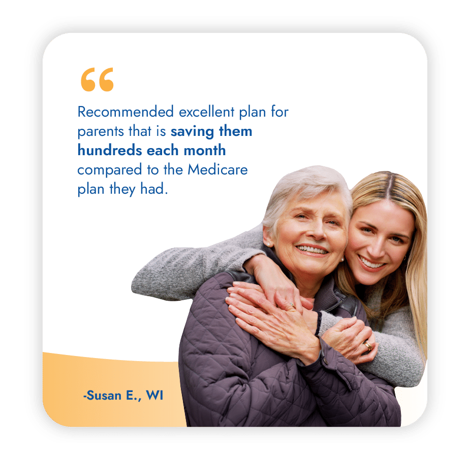 Senior woman embracing her smiling daughter with a testimonial quote about saving money on their Medicare plan with My Senior Health Plan's assistance.